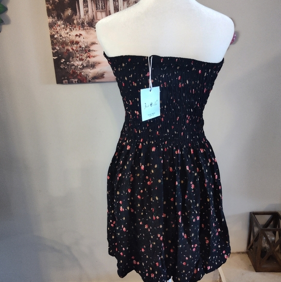 NWT Black Strapless Dress with Floral Print #247 - Picture 2 of 3